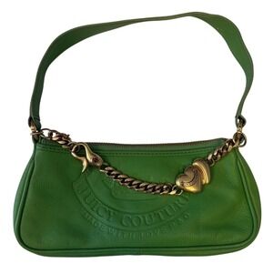 Juicy Couture Vintage Green Leather Baguette Bag Debossed Logo Y2K Heart Charm